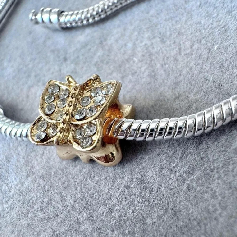 Gold Rhinestone Tone Crystal Butterfly European Bead Charm fits PANDORA